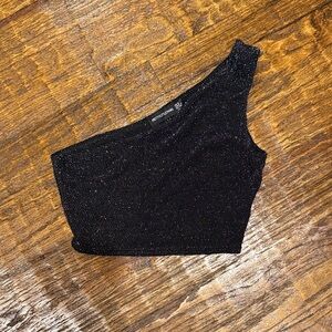 Black One-Shoulder Glitter Shimmer Sparkly Crop Top Edgy Boho Hipster Club